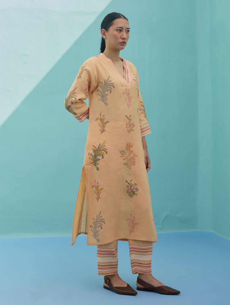 Zura Floral Block Printed Embroidered Kurta Set - Apricot linen light kurta set by Manan in apricot for women in Singapore