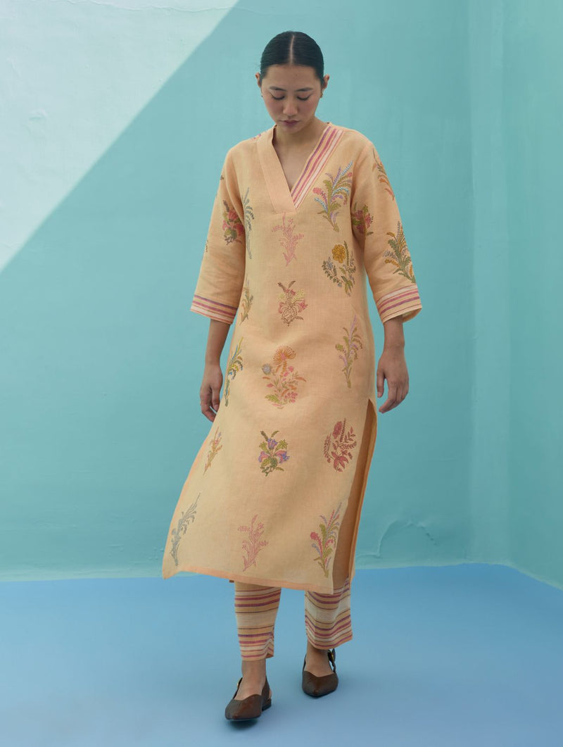 Zura Floral Block Printed Embroidered Kurta - Apricot linen light kurta set by Manan in apricot for women in Singapore