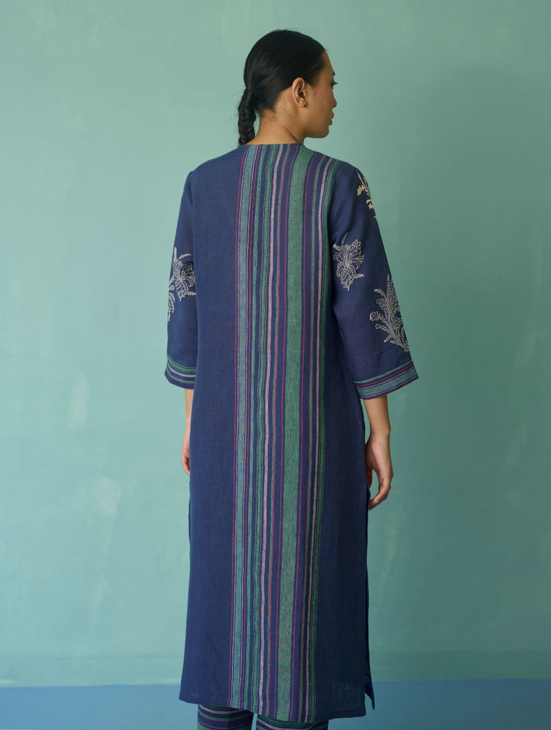 Zura Floral Block Printed Embroidered Kurta Set - Indigo linen light kurta set by Manan in navy for women in Singapore