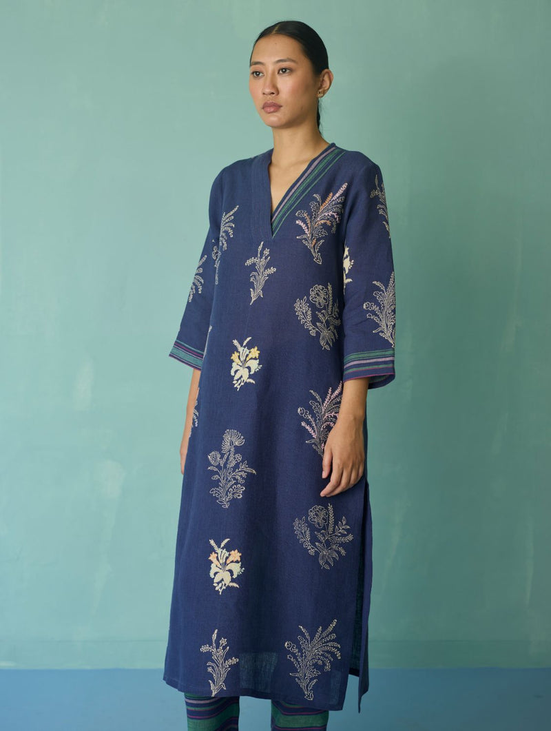 Zura Floral Block Printed Embroidered Kurta Set - Indigo linen light kurta set by Manan in navy for women in Singapore