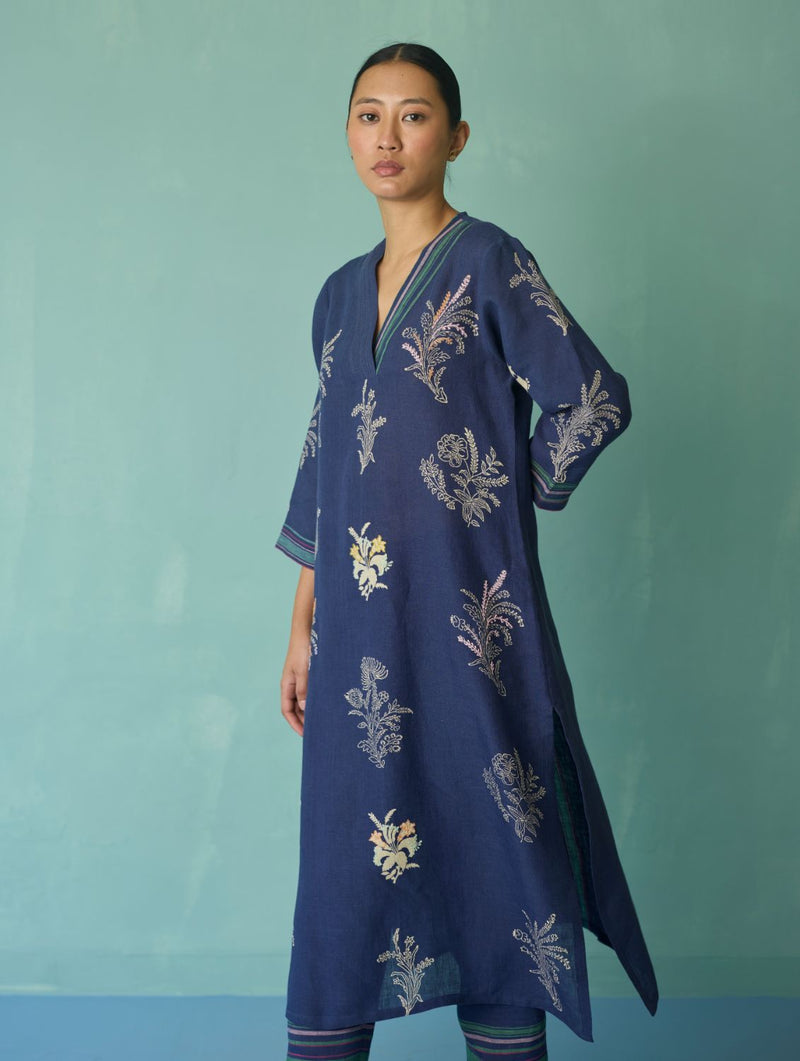 Zura Floral Block Printed Embroidered Kurta - Indigo linen light kurta set by Manan in navy for women in Singapore