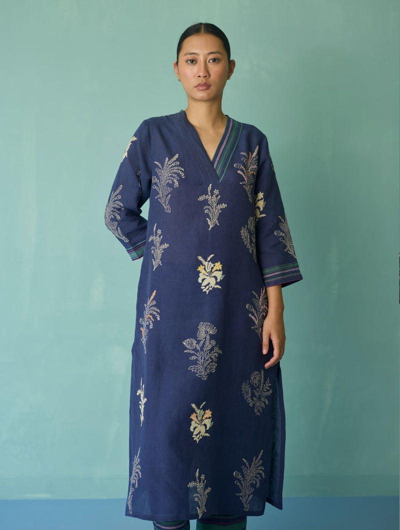 Zura Floral Block Printed Embroidered Kurta - Indigo linen light kurta set by Manan in navy for women in Singapore