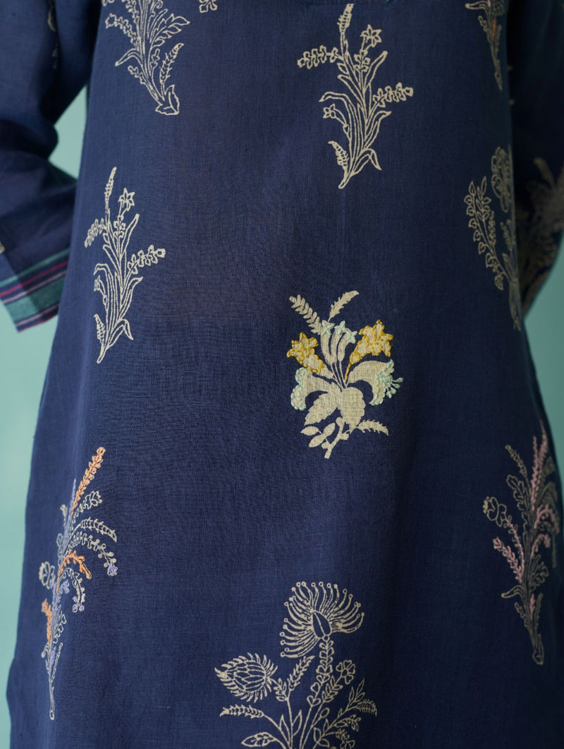 Zura Floral Block Printed Embroidered Kurta - Indigo linen light kurta set by Manan in navy for women in Singapore