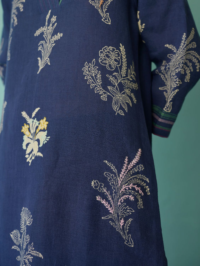Zura Floral Block Printed Embroidered Kurta Set - Indigo linen light kurta set by Manan in navy for women in Singapore