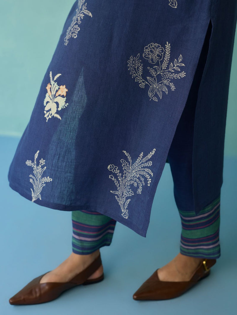Zura Floral Block Printed Embroidered Kurta Set - Indigo linen light kurta set by Manan in navy for women in Singapore