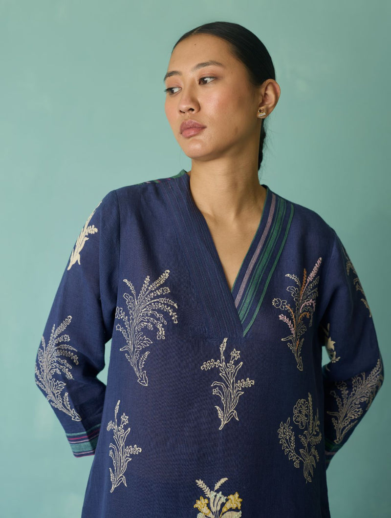 Zura Floral Block Printed Embroidered Kurta Set - Indigo linen light kurta set by Manan in navy for women in Singapore
