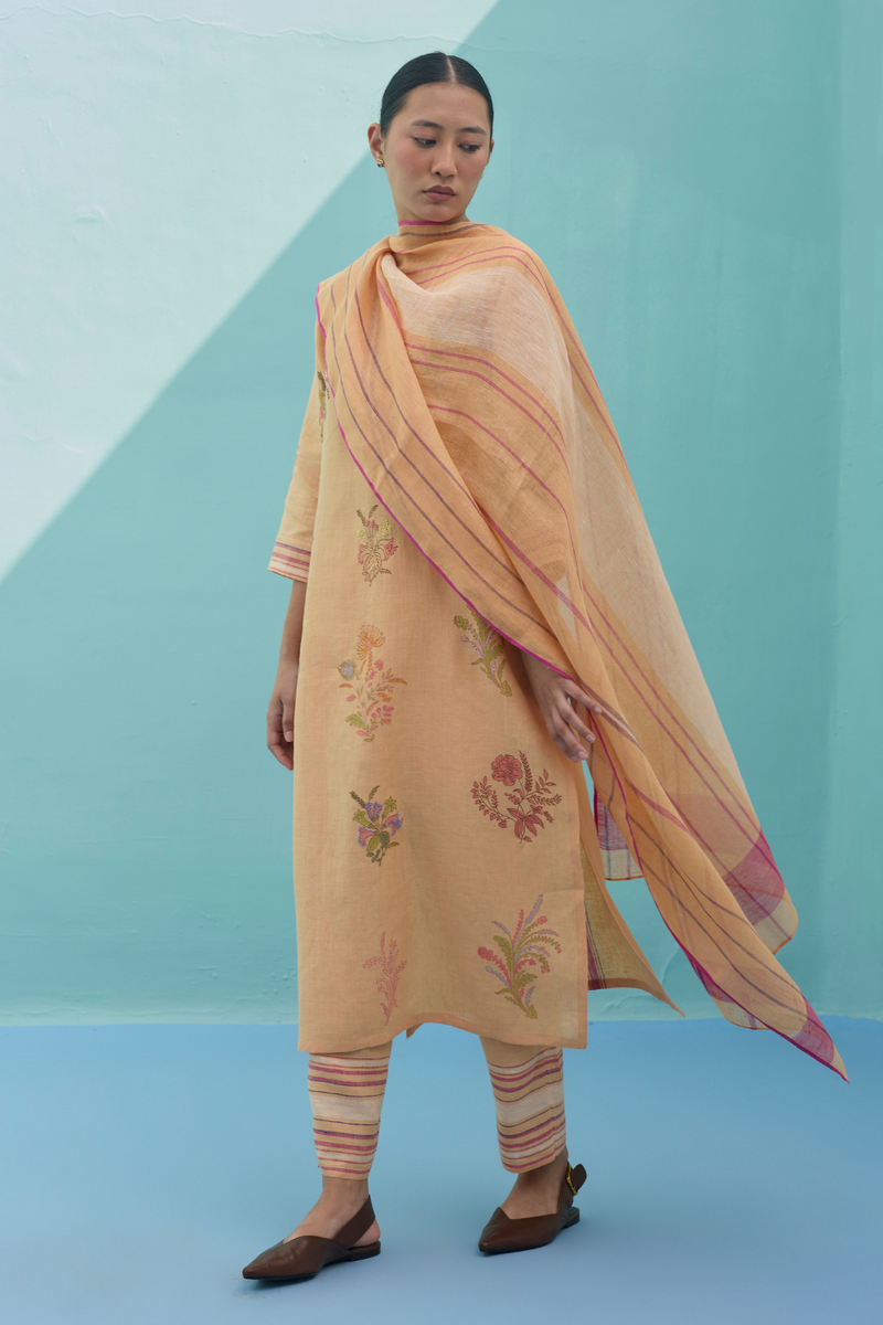 Zura Floral Block Printed Embroidered Kurta Set - Apricot linen light kurta set by Manan in apricot for women in Singapore