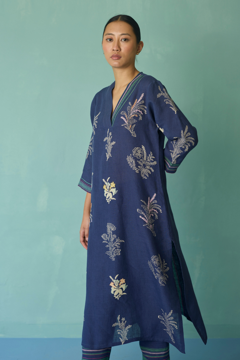 Zura Floral Block Printed Embroidered Kurta Set - Indigo linen light kurta set by Manan in navy for women in Singapore
