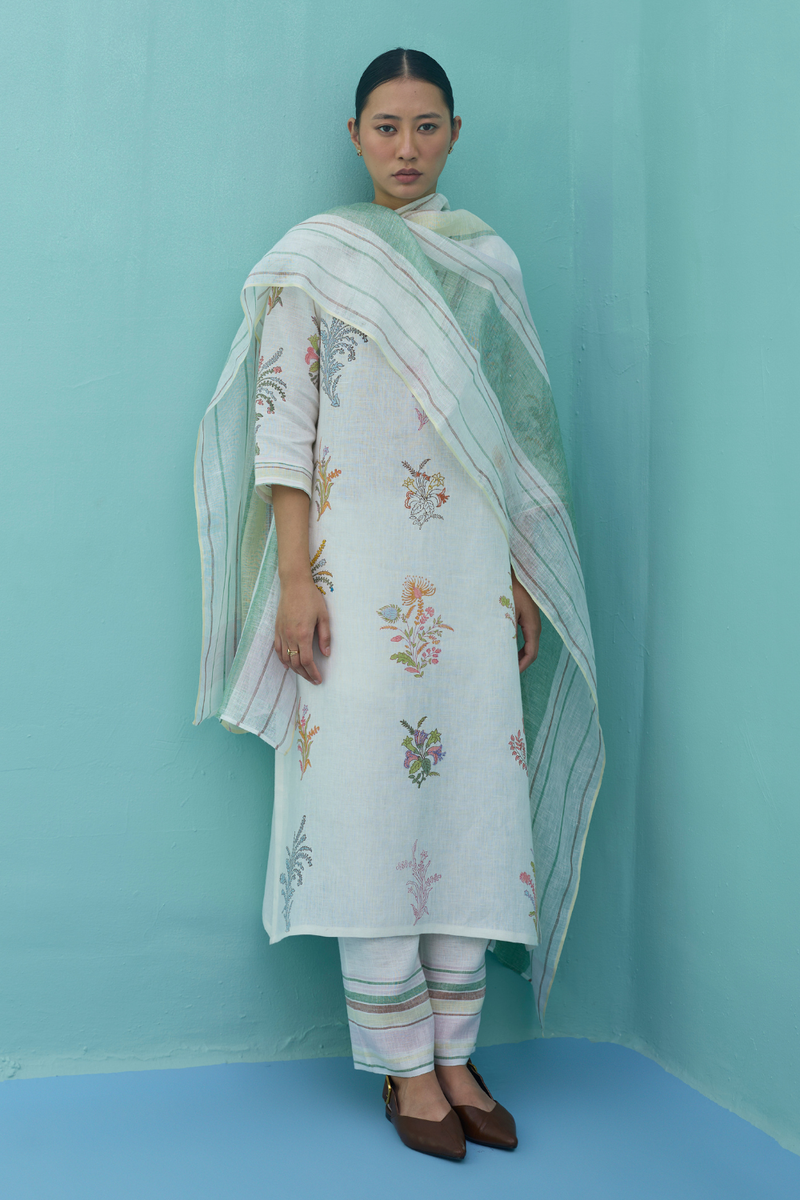 Zura Floral Block-Printed Embroidered Kurta Set - Ivory linen light kurta set by Manan in ivory for women in Singapore