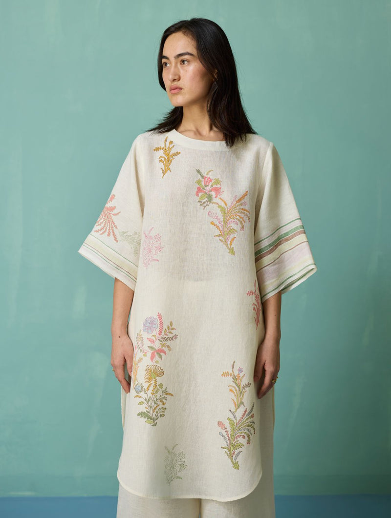 Nami Floral Block-Printed Curved Hem Kurta - Ivory linen light kurta set by Manan in ivory for women in Singapore