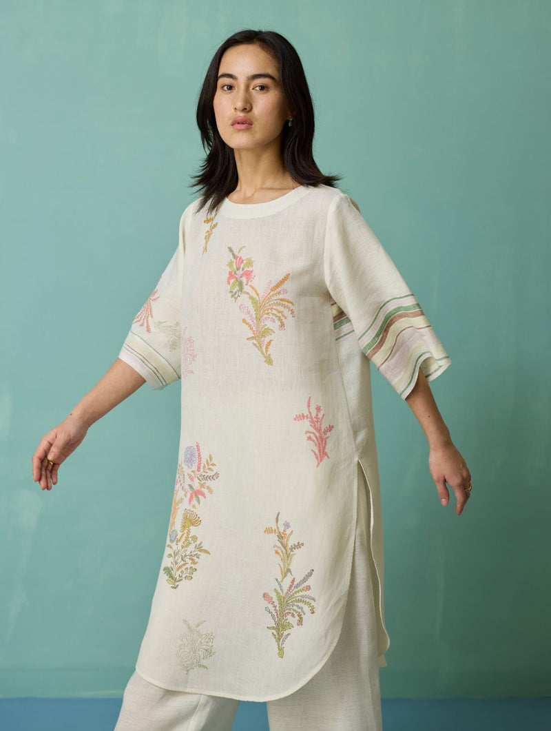 Nami Floral Block-Printed Curved Hem Kurta Set - Ivory linen light kurta set by Manan in ivory for women in Singapore