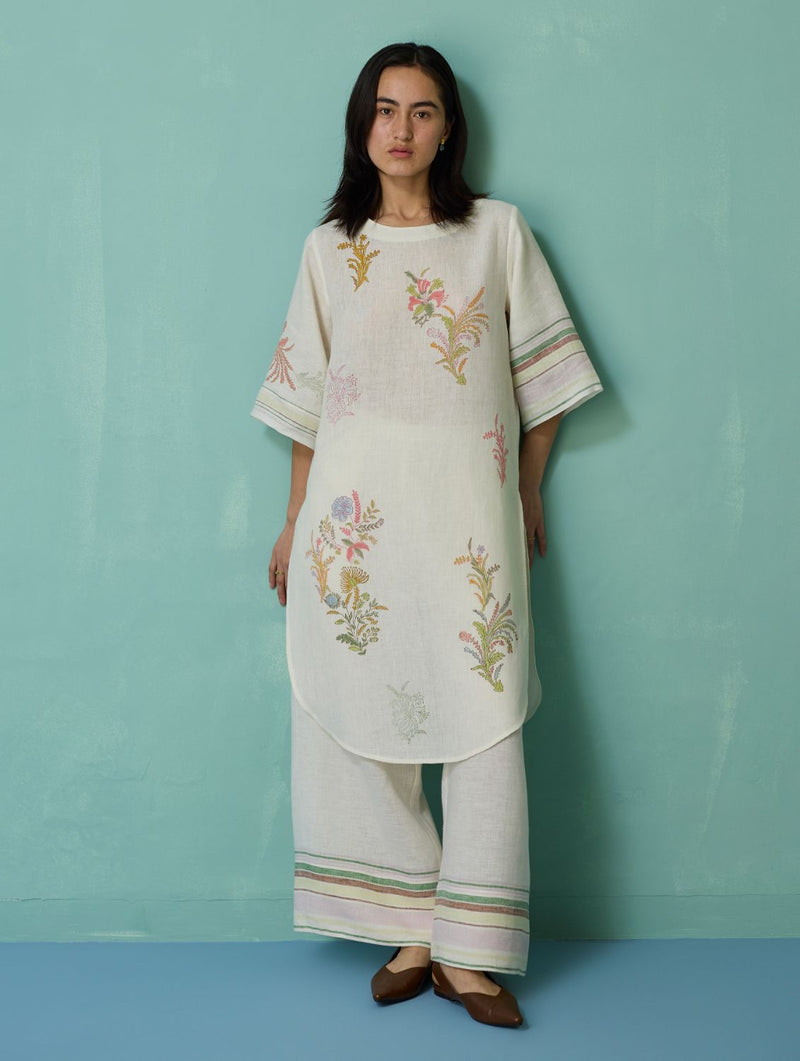 Nami Floral Block-Printed Curved Hem Kurta - Ivory linen light kurta set by Manan in ivory for women in Singapore