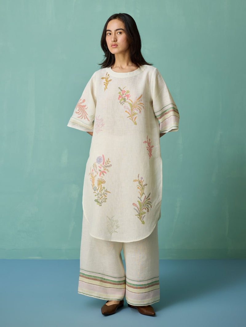 Nami Floral Block-Printed Curved Hem Kurta Set - Ivory linen light kurta set by Manan in ivory for women in Singapore