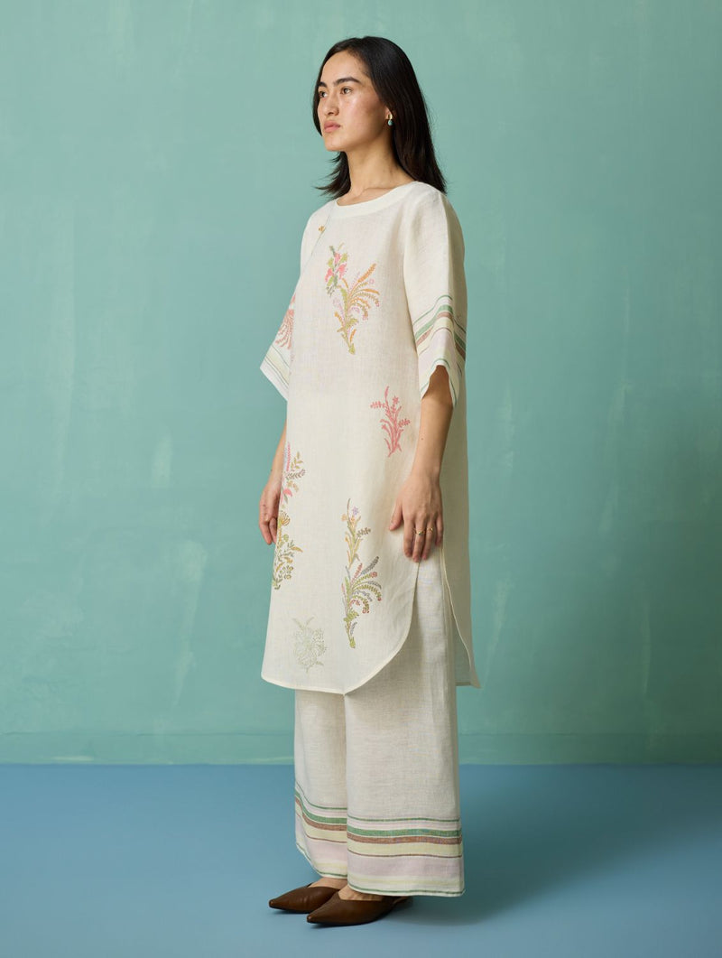 Nami Floral Block-Printed Curved Hem Kurta - Ivory linen light kurta set by Manan in ivory for women in Singapore