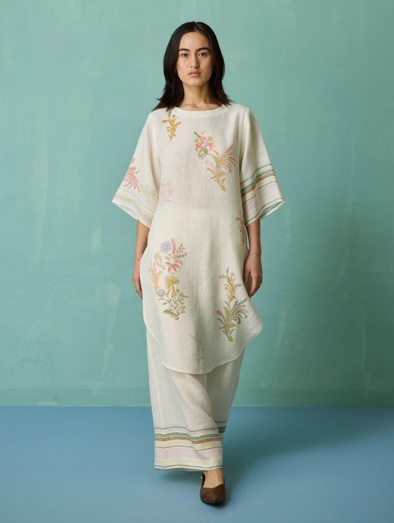 Nami Floral Block-Printed Curved Hem Kurta - Ivory linen light kurta set by Manan in ivory for women in Singapore