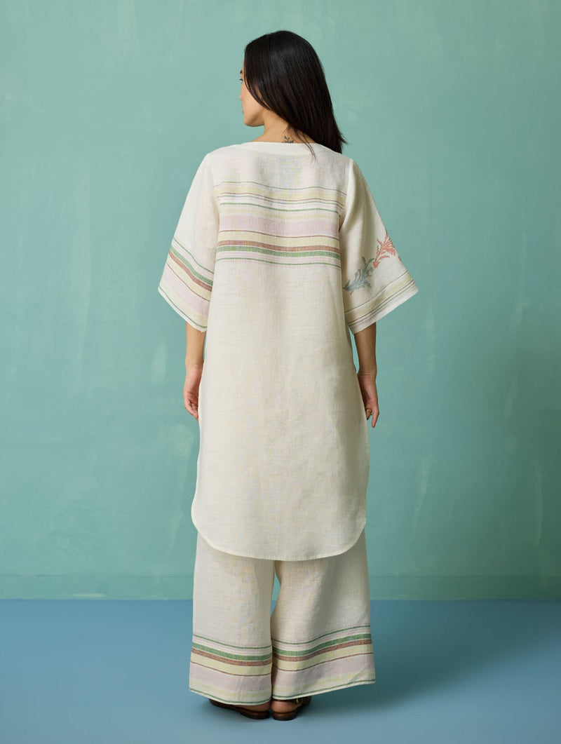 Nami Floral Block-Printed Curved Hem Kurta - Ivory linen light kurta set by Manan in ivory for women in Singapore