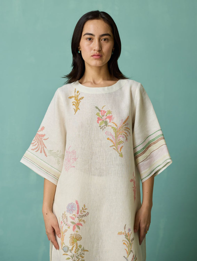 Nami Floral Block-Printed Curved Hem Kurta Set - Ivory linen light kurta set by Manan in ivory for women in Singapore