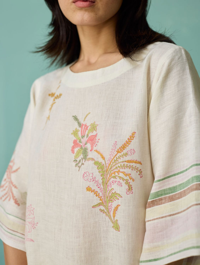 Nami Floral Block-Printed Curved Hem Kurta Set - Ivory linen light kurta set by Manan in ivory for women in Singapore