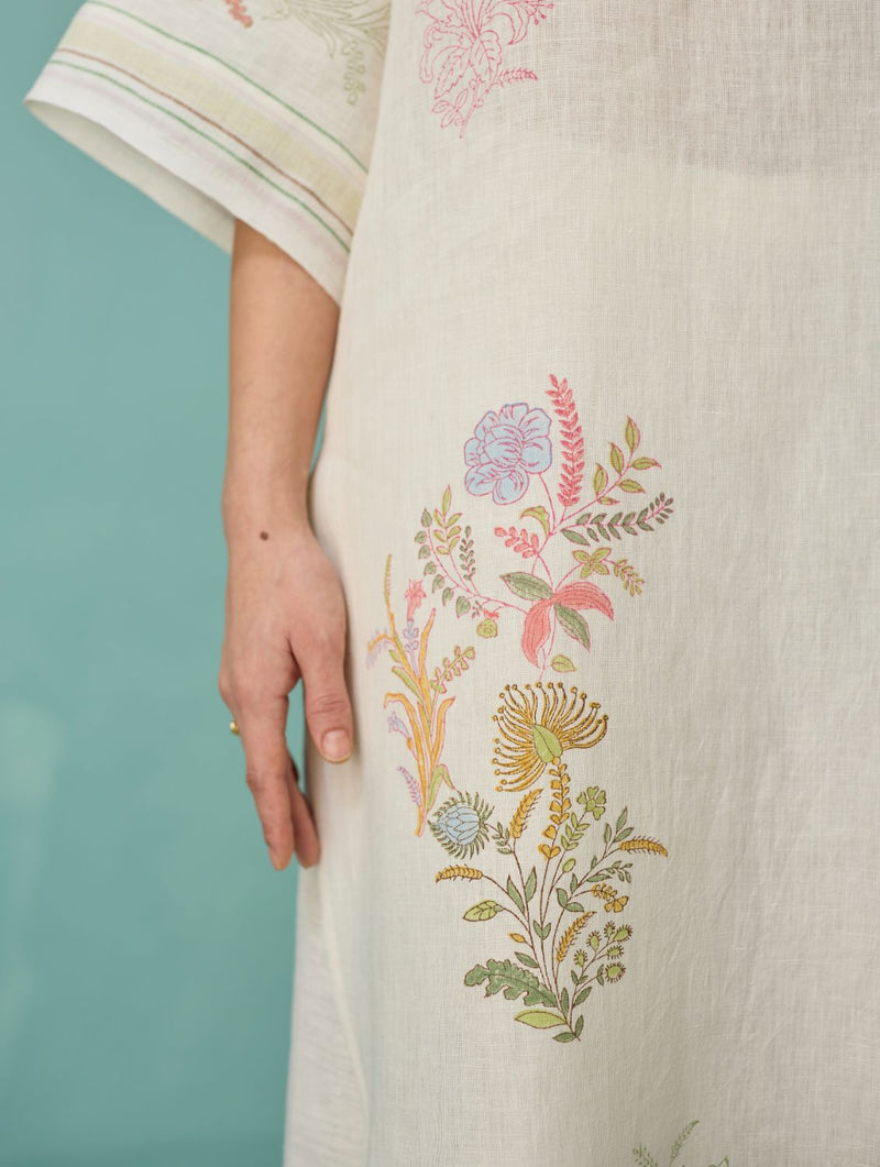 Nami Floral Block-Printed Curved Hem Kurta - Ivory linen light kurta set by Manan in ivory for women in Singapore
