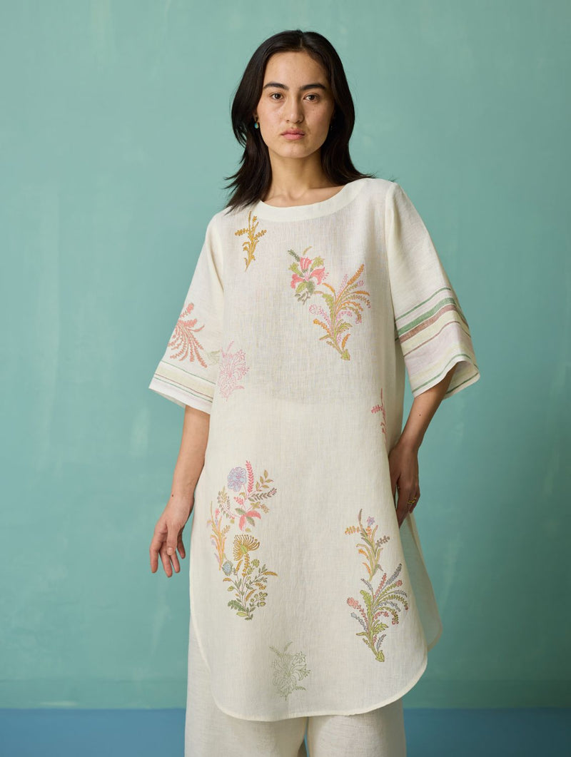 Nami Floral Block-Printed Curved Hem Kurta - Ivory linen light kurta set by Manan in ivory for women in Singapore