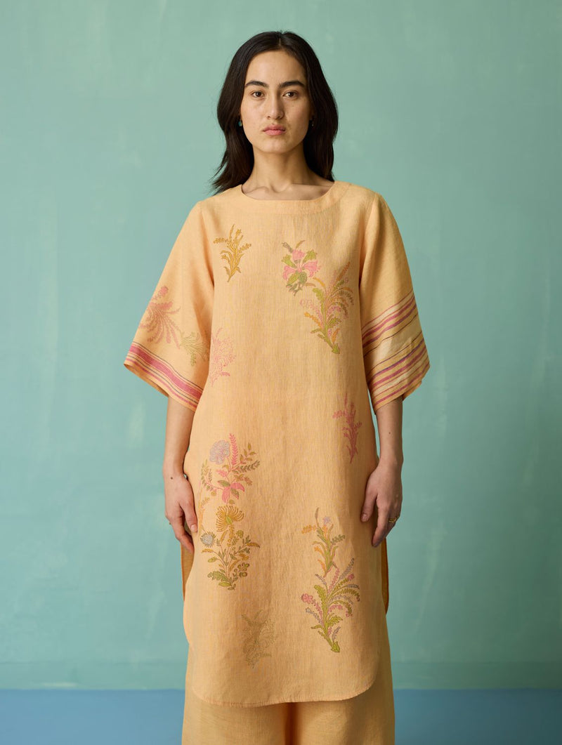 Nami Floral Block-Printed Curved Hem Kurta - Apricot linen light kurta set by Manan in apricot for women in Singapore