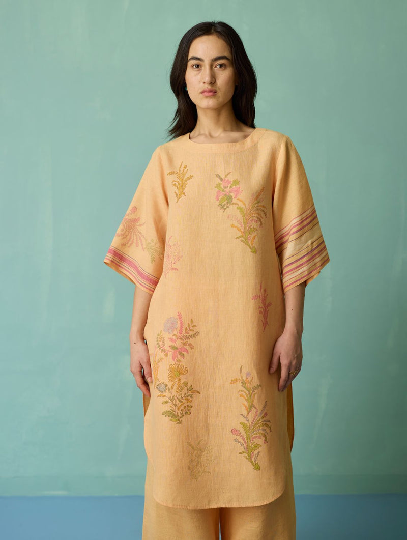 Nami Floral Block-Printed Curved Hem Kurta Set - Apricot linen light kurta set by Manan in apricot for women in Singapore