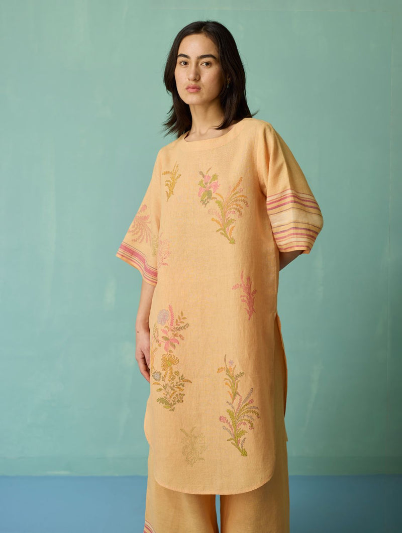 Nami Floral Block-Printed Curved Hem Kurta - Apricot linen light kurta set by Manan in apricot for women in Singapore
