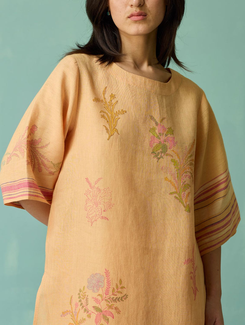 Nami Floral Block-Printed Curved Hem Kurta - Apricot linen light kurta set by Manan in apricot for women in Singapore