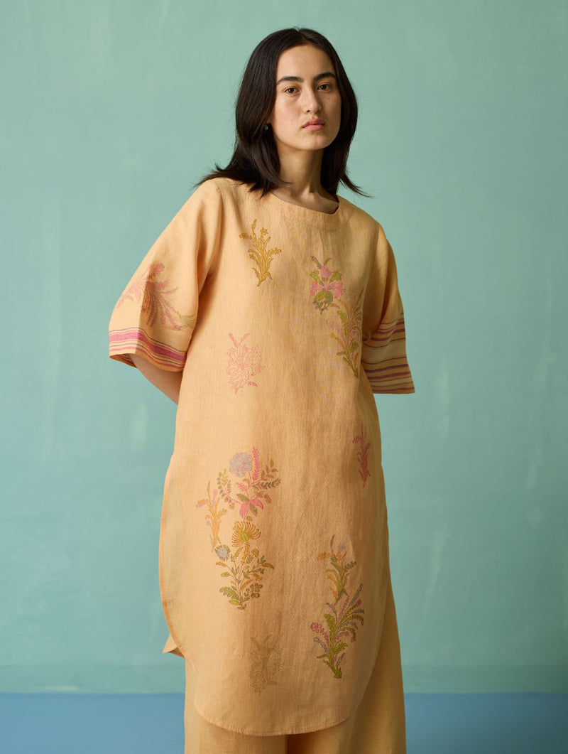 Nami Floral Block-Printed Curved Hem Kurta - Apricot linen light kurta set by Manan in apricot for women in Singapore