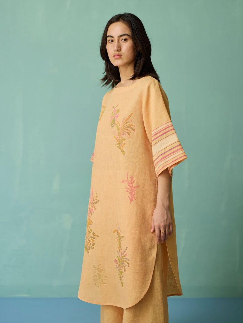 Nami Floral Block-Printed Curved Hem Kurta - Apricot linen light kurta set by Manan in apricot for women in Singapore