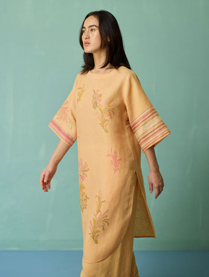 Nami Floral Block-Printed Curved Hem Kurta - Apricot linen light kurta set by Manan in apricot for women in Singapore