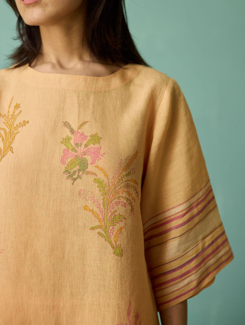 Nami Floral Block-Printed Curved Hem Kurta Set - Apricot linen light kurta set by Manan in apricot for women in Singapore