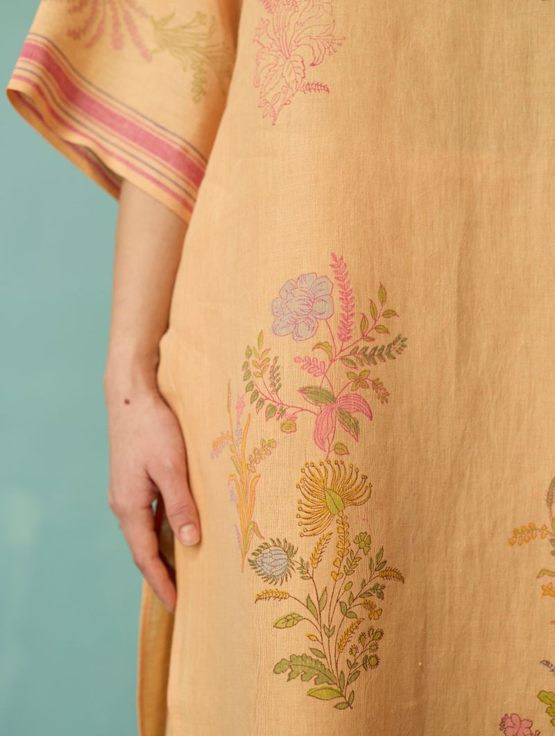 Nami Floral Block-Printed Curved Hem Kurta Set - Apricot linen light kurta set by Manan in apricot for women in Singapore