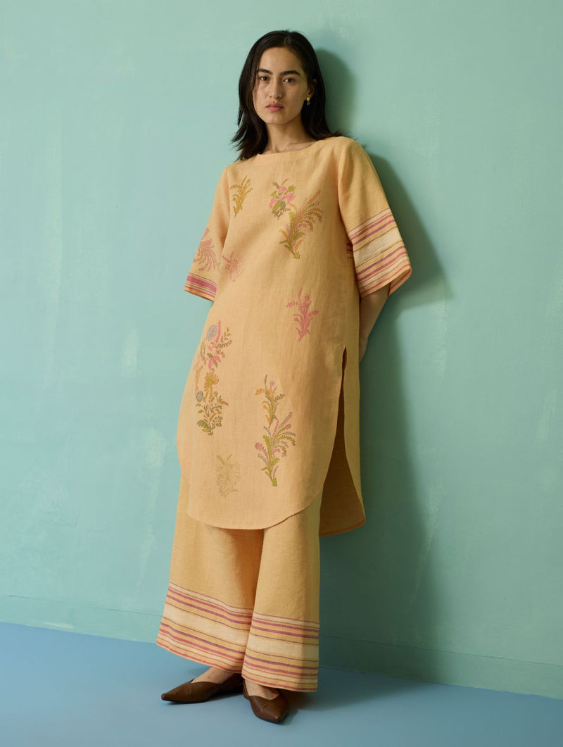 Nami Floral Block-Printed Curved Hem Kurta - Apricot linen light kurta set by Manan in apricot for women in Singapore