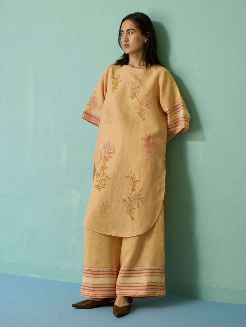 Nami Floral Block-Printed Curved Hem Kurta Set - Apricot linen light kurta set by Manan in apricot for women in Singapore