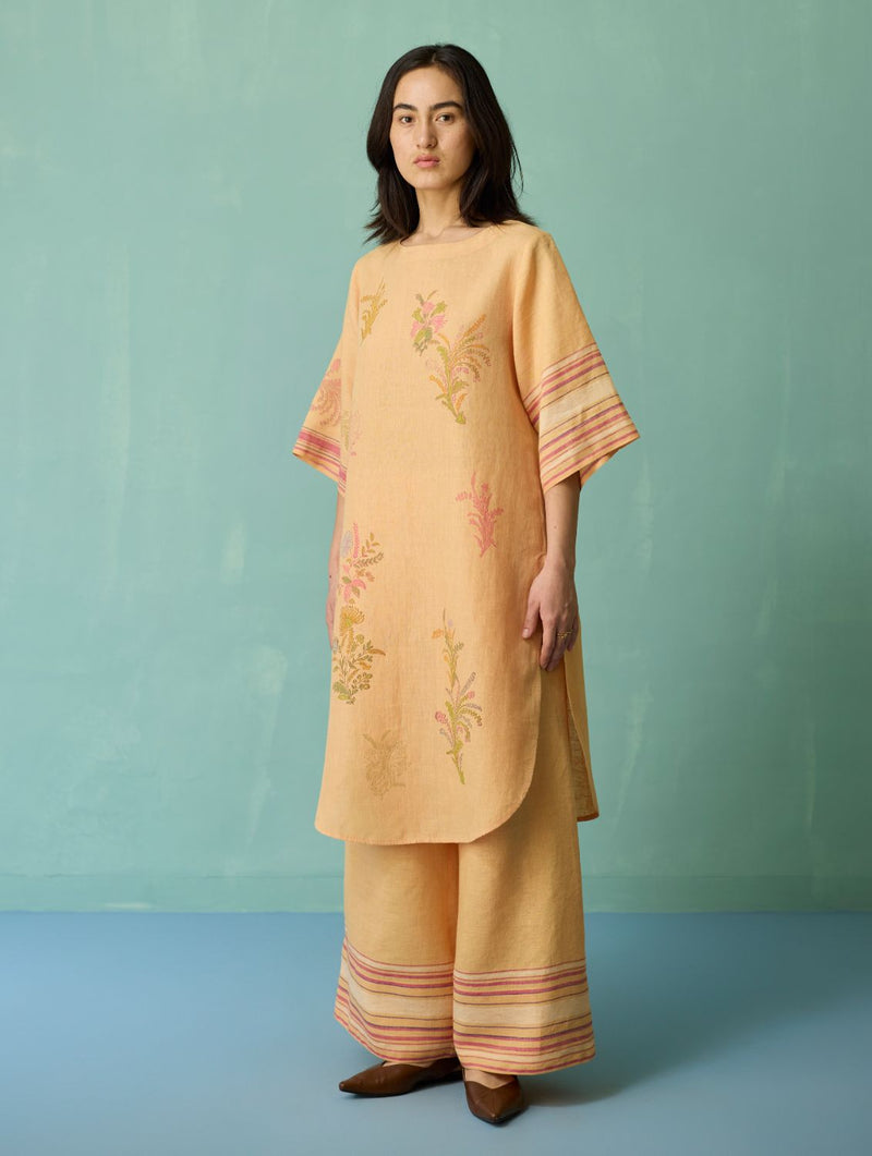 Nami Floral Block-Printed Curved Hem Kurta Set - Apricot linen light kurta set by Manan in apricot for women in Singapore