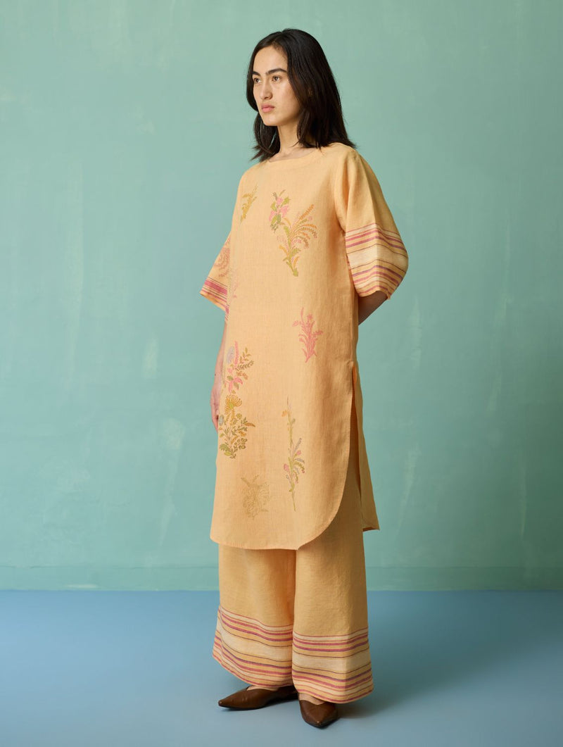 Nami Floral Block-Printed Curved Hem Kurta Set - Apricot linen light kurta set by Manan in apricot for women in Singapore