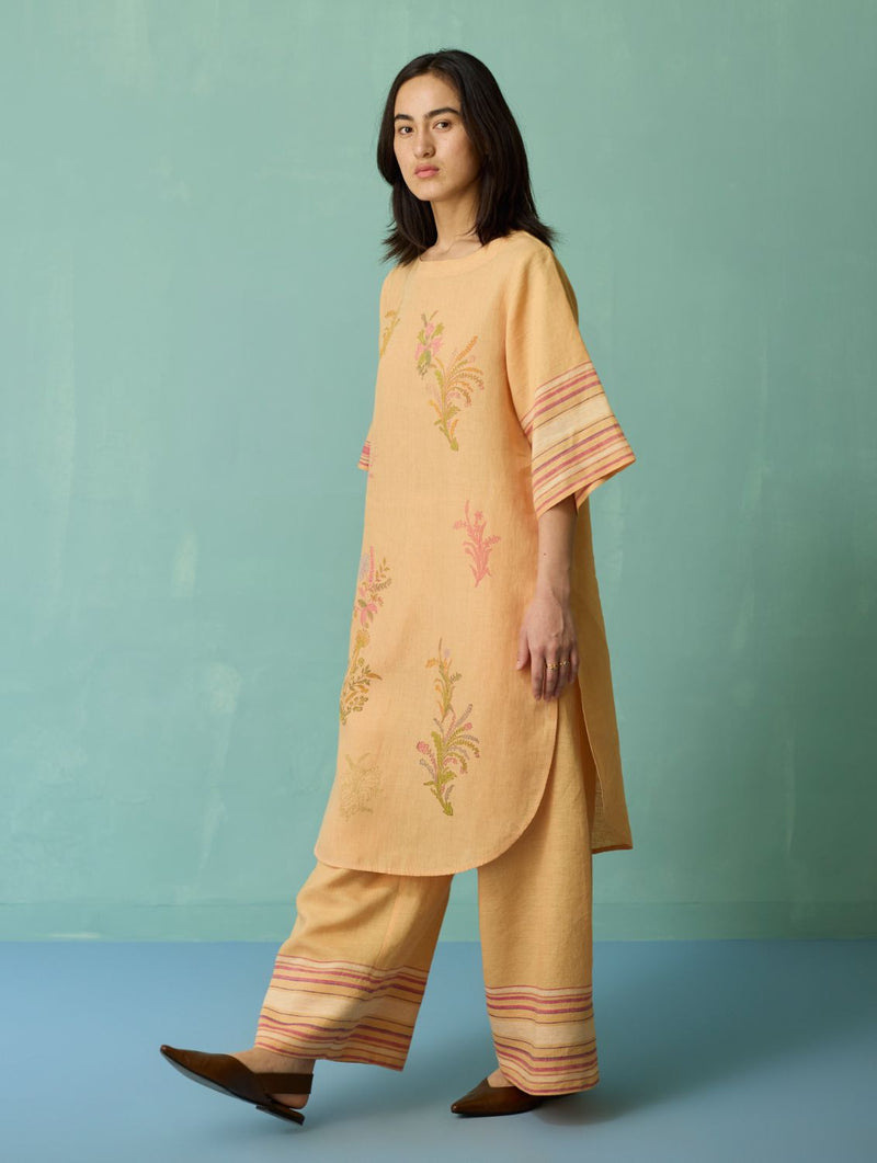 Nami Floral Block-Printed Curved Hem Kurta Set - Apricot linen light kurta set by Manan in apricot for women in Singapore