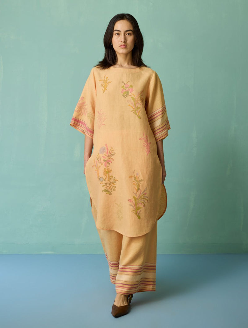 Nami Floral Block-Printed Curved Hem Kurta - Apricot linen light kurta set by Manan in apricot for women in Singapore
