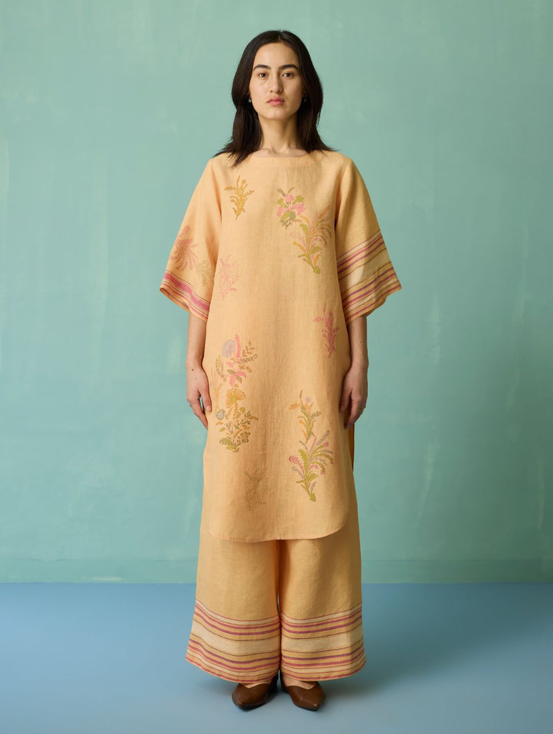 Nami Floral Block-Printed Curved Hem Kurta - Apricot linen light kurta set by Manan in apricot for women in Singapore