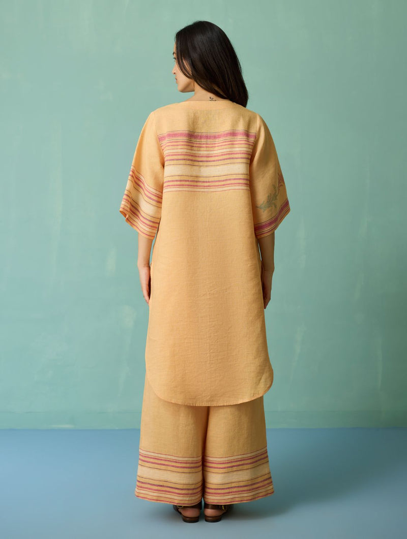 Nami Floral Block-Printed Curved Hem Kurta Set - Apricot linen light kurta set by Manan in apricot for women in Singapore