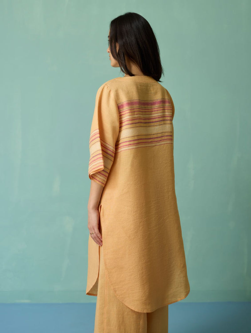 Nami Floral Block-Printed Curved Hem Kurta Set - Apricot linen light kurta set by Manan in apricot for women in Singapore