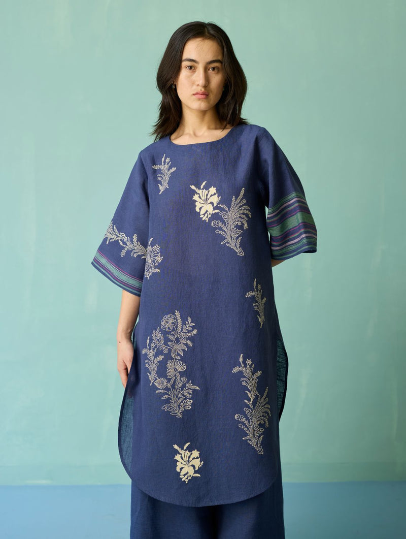 Nami Floral Block-Printed Curved Hem Kurta Set - Indigo linen light kurta set by Manan in navy for women in Singapore