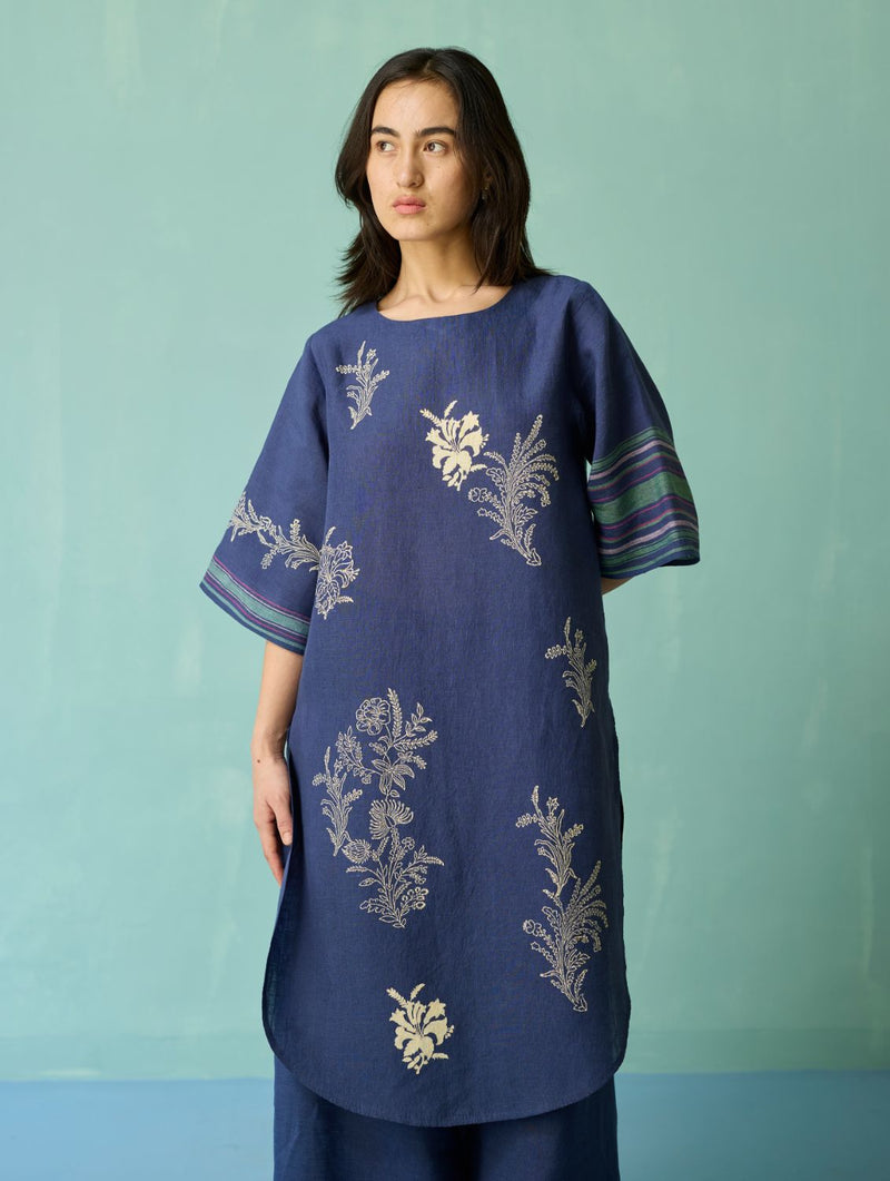 Nami Floral Block-Printed Curved Hem Kurta Set - Indigo linen light kurta set by Manan in navy for women in Singapore