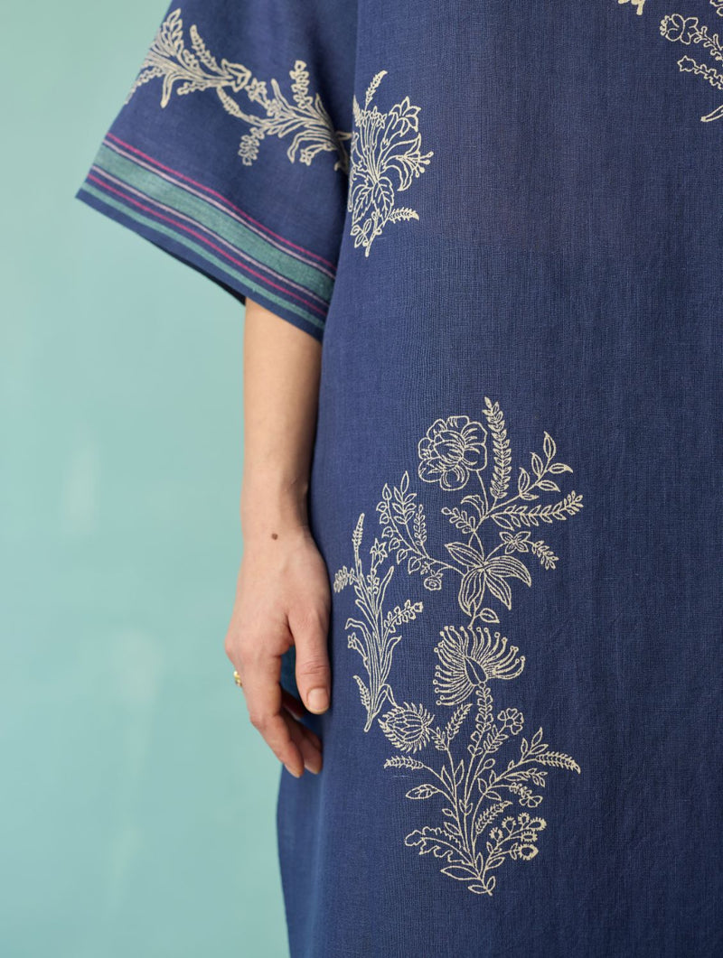 Nami Floral Block-Printed Curved Hem Kurta Set - Indigo linen light kurta set by Manan in navy for women in Singapore