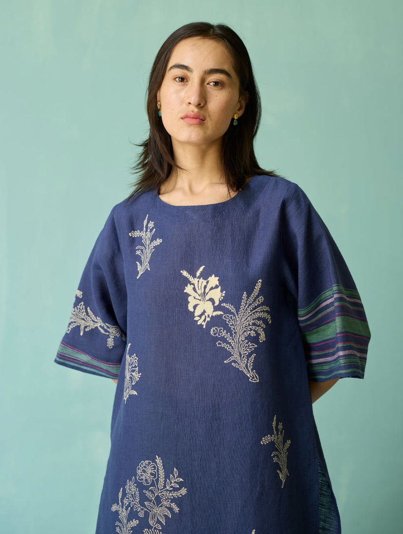 Nami Floral Block-Printed Curved Hem Kurta Set - Indigo linen light kurta set by Manan in navy for women in Singapore