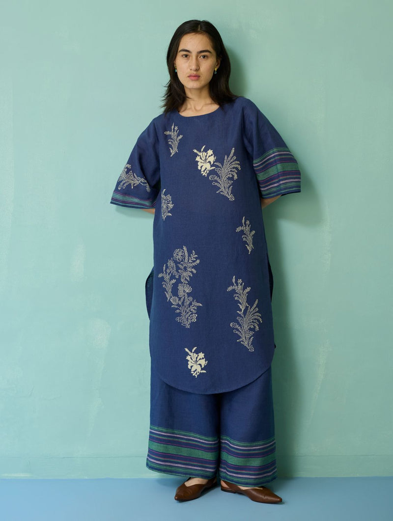 Nami Floral Block-Printed Curved Hem Kurta Set - Indigo linen light kurta set by Manan in navy for women in Singapore