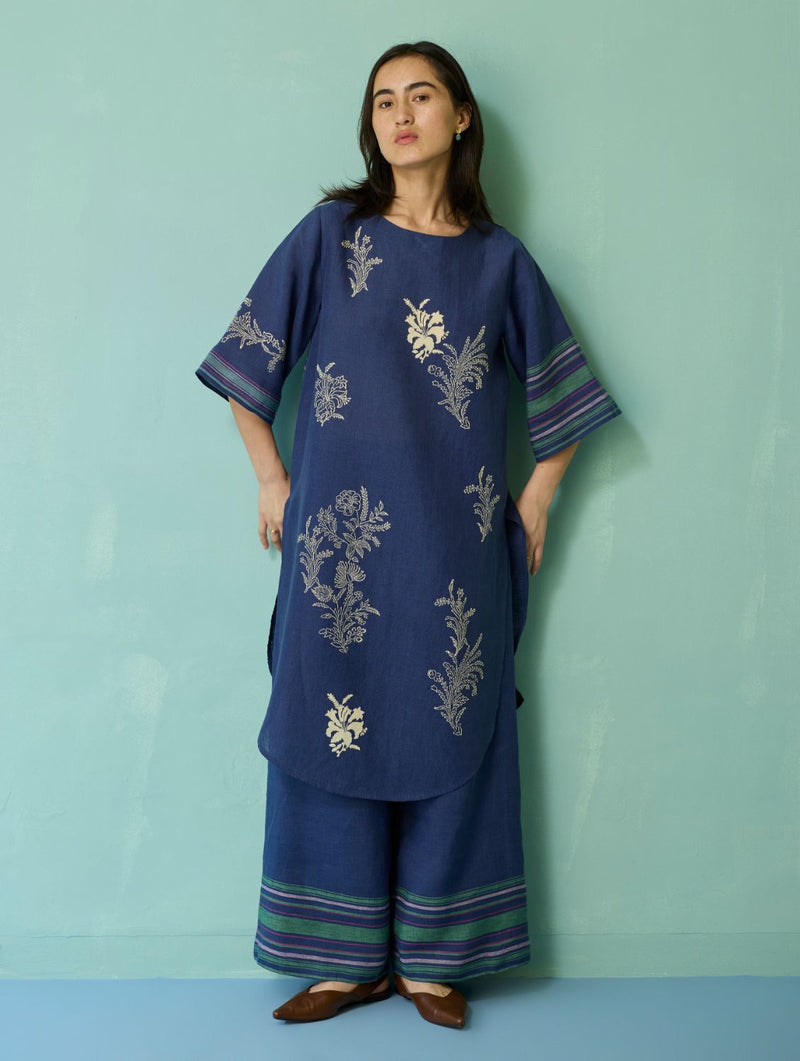 Nami Floral Block-Printed Curved Hem Kurta Set - Indigo linen light kurta set by Manan in navy for women in Singapore