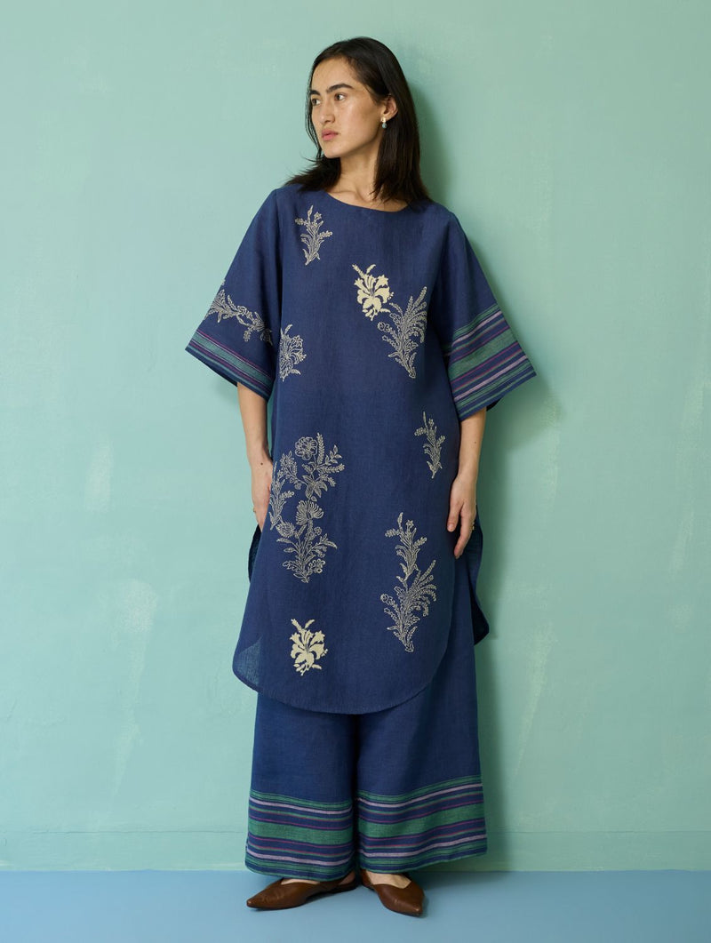 Nami Floral Block-Printed Curved Hem Kurta Set - Indigo linen light kurta set by Manan in navy for women in Singapore