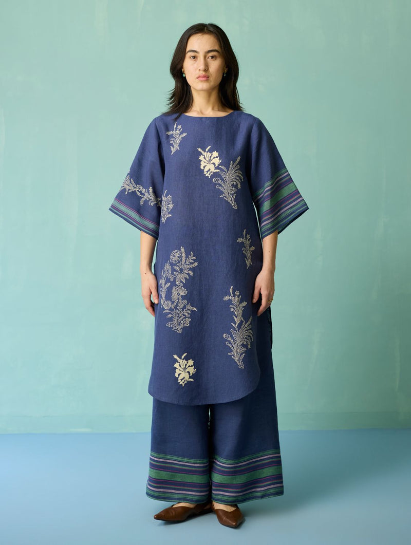 Nami Floral Block-Printed Curved Hem Kurta Set - Indigo linen light kurta set by Manan in navy for women in Singapore